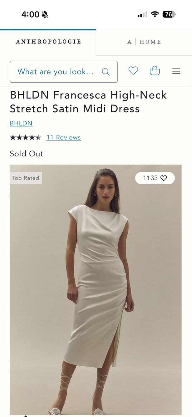Anthropologie BHLDN Francesca Ivory Stretch Satin Midi Dress M